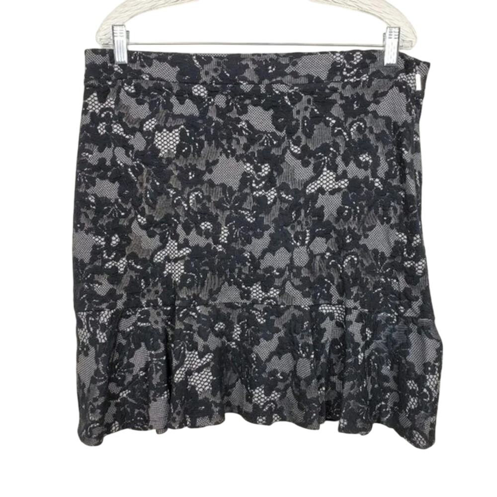 Michael Kors Lace Print Ruffle Hem Skirt Black Beige Women Size L Mini Stretch